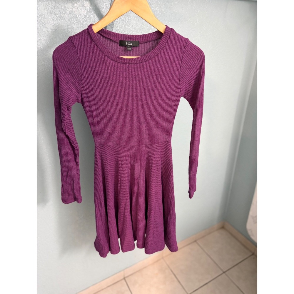 Lulus Purple Ribbed Knit Long Sleeve Skater Dress XS‎ Plum Crew Neck A-Line Mini